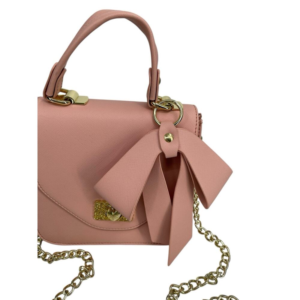 Betsey Johnson Pink Purse Bag Top Handle Strap Pink Bow - Picture 3 of 14